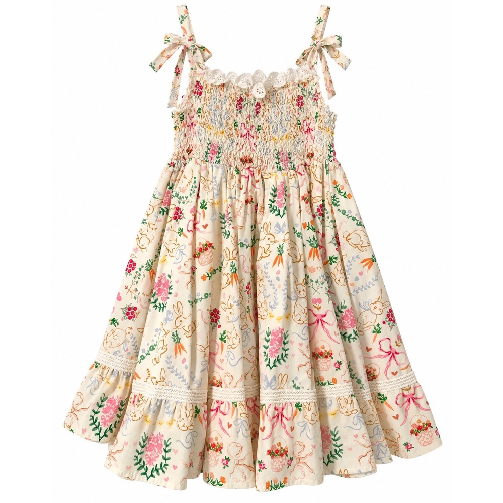 Sweet Honey Dress Girls 10Y Cream Bunny Floral Excellent Smocked Tiered Lace